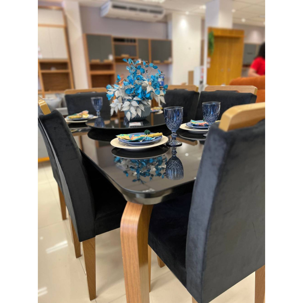 Mesa de Jantar Londrina 180cm Canto Copo c/ 6 Cadeiras Athenas Preto – Vidro Preto/ Imbuia