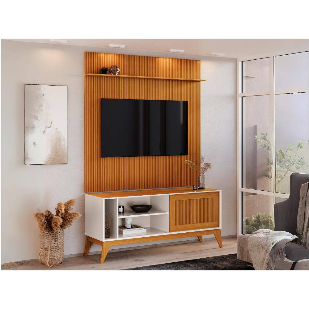 Rack Aruba Ripado Com Painel Avant 1.40 para Tvs até 55″ – Off White/Cedro