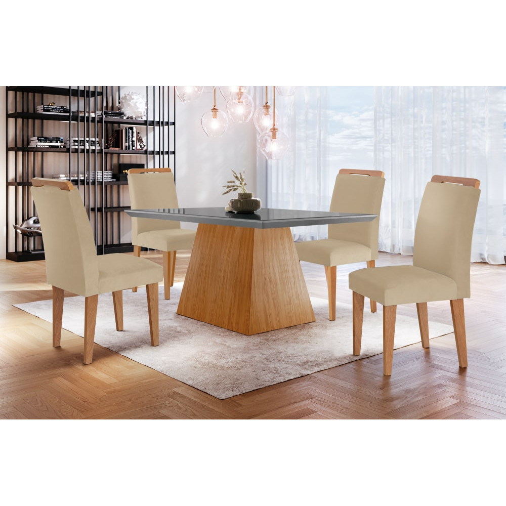 Mesa de Jantar Heloísa Canto Reto com 4 cadeiras Athenas Tampo Grafite – Imbuia com Assento Bege – 90X90
