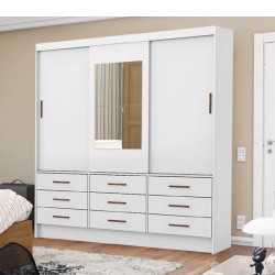 Guarda Roupa Sevilha com Espelho e 3 Portas de Correr 9 Gavetas - Branco 