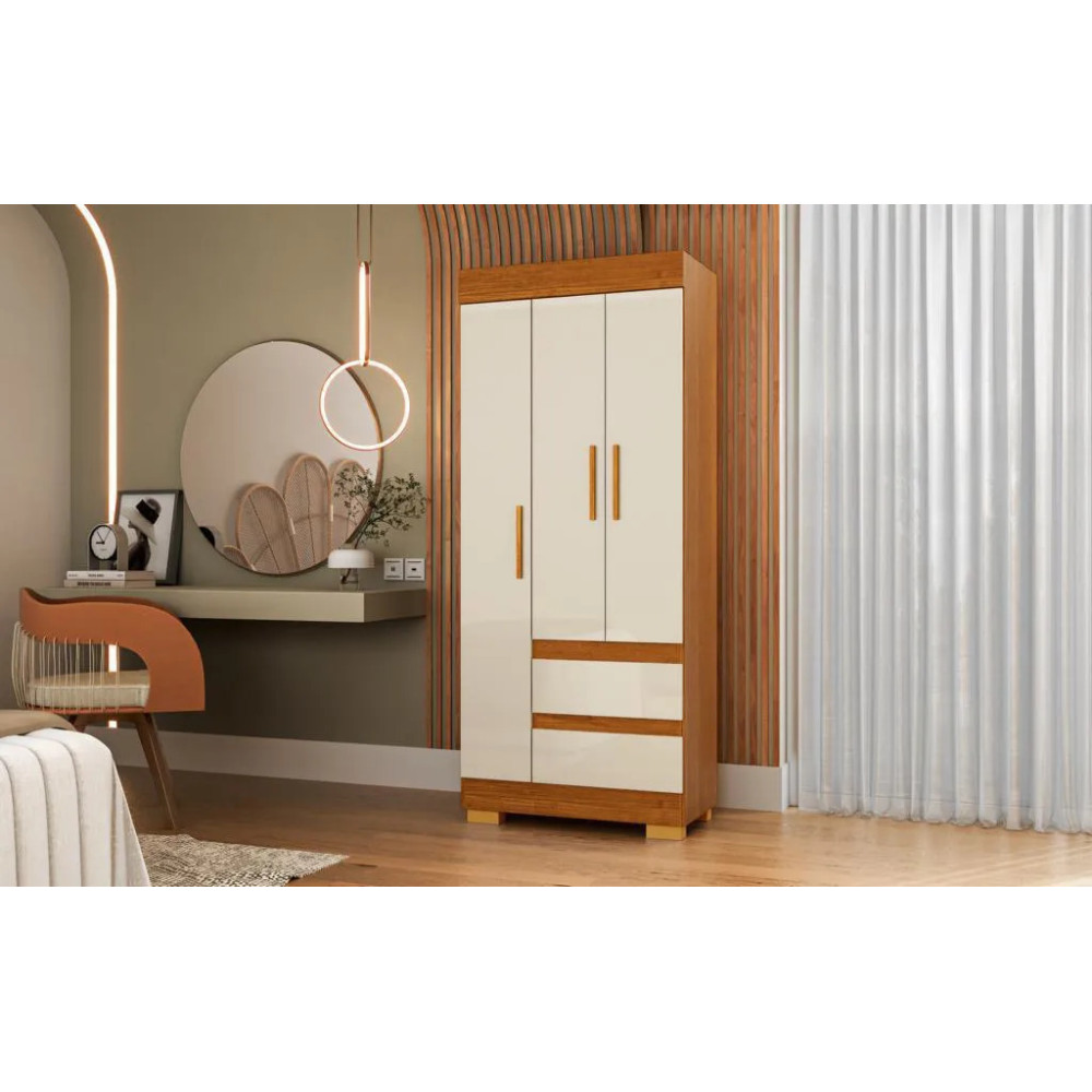 Guarda Roupa Solteiro Maya c/ 3 Portas 2 Gavetas - Cinamomo/off White