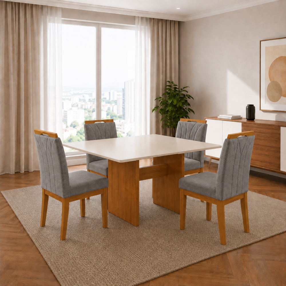 Mesa de Jantar Dakota 120×80 - Ipê / Off White + 4 Cadeiras Dubai - Veludo Cinza