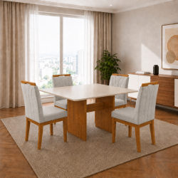Mesa de Jantar Dakota 120×80 - Ipê / Off White + 4 Cadeiras Dubai - Linho Prata