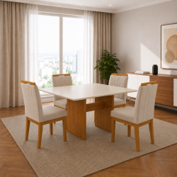 Mesa de Jantar Dakota 120×80 - Ipê / Off White + 4 Cadeiras Dubai - Veludo Bege