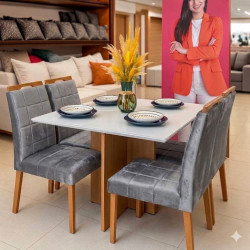 Mesa de Jantar Helo 120x90 c/ 4 Cadeira Julia- Veludo Cinza- Freijo/Off White
