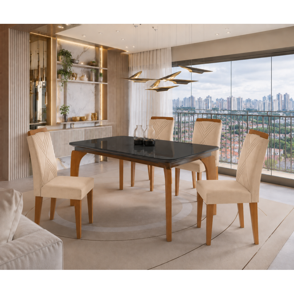 Mesa de Jantar Londrina 120x80cm Tampo de Vidro - Preto + 4 Cadeira Amsterdã Veludo - Bege