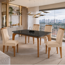 Mesa de Jantar Londrina 120x80cm Tampo de Vidro - Preto + 4 Cadeira Amsterdã Veludo - Bege