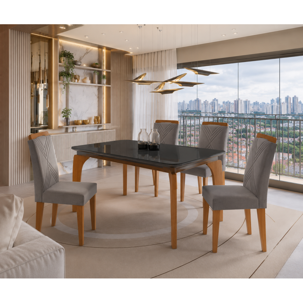 Mesa de Jantar Londrina 120x80cm Tampo de Vidro - Grafite + 4 Cadeira Amsterdã Linho - Cinza