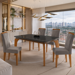 Mesa de Jantar Londrina 120x80cm Tampo de Vidro - Grafite + 4 Cadeira Amsterdã Linho - Cinza