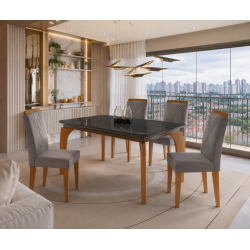 Mesa de Jantar Londrina 120x80cm Tampo de Vidro - Grafite + 4 Cadeira Amsterdã Linho - Cinza
