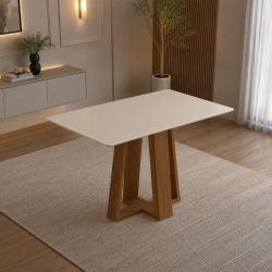 Mesa de Jantar Rubi 120x80cm Com Tampo de Vidro - Cinamomo/Off White