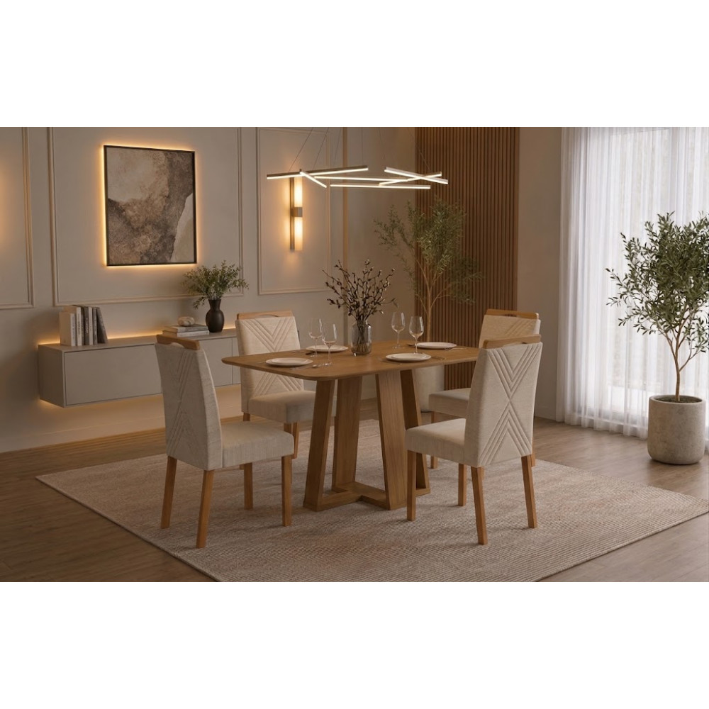 Mesa de Jantar Rubi 120x80cm S/ Vidro - Cinamomo + 4 Cadeiras Amsterdã Linho - Bege