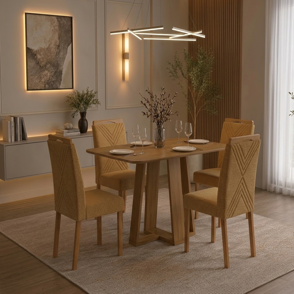 Mesa de Jantar Rubi 120x80cm S/ Vidro - Cinamomo + 4 Cadeiras Amsterdã Linho - Caramelo