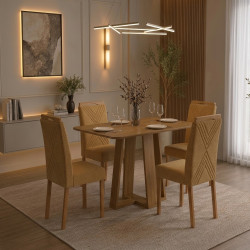 Mesa de Jantar Rubi 120x80cm S/ Vidro - Cinamomo + 4 Cadeiras Amsterdã Linho - Caramelo
