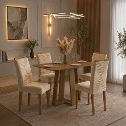 Mesa de Jantar Rubi 120x80cm S/ Vidro - Cinamomo + 4 Cadeiras Amsterdã Veludo - Bege