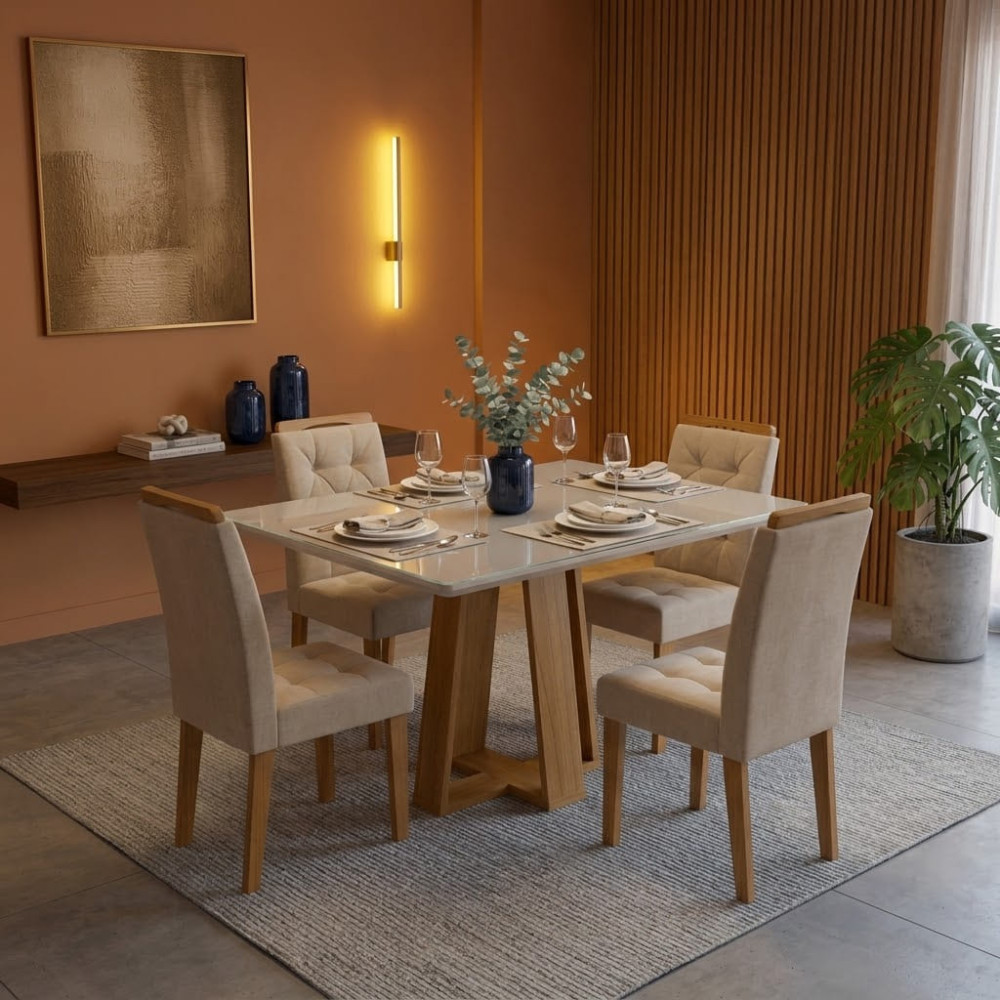 Mesa de Jantar Rubi 120x80cm Com Tampo de Vidro - Cinamomo/Off White + 4 Cadeiras Amsterdã Linho - Bege