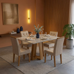 Mesa de Jantar Rubi 120x80cm Com Tampo de Vidro - Cinamomo/Off White + 4 Cadeiras Amsterdã Linho - Bege