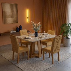 Mesa de Jantar Rubi 120x80cm Com Tampo de Vidro - Cinamomo/Off White + 4 Cadeiras Amsterdã Linho - Caramelo