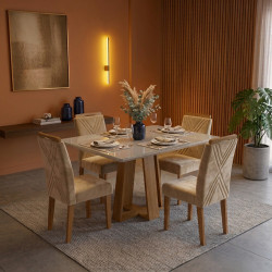 Mesa de Jantar Rubi 120x80cm Com Tampo de Vidro - Cinamomo/Off White + 4 Cadeiras Amsterdã Veludo - Bege