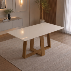 Mesa de Jantar Rubi 160x90cm Com Tampo de Vidro - Cinamomo/Off White