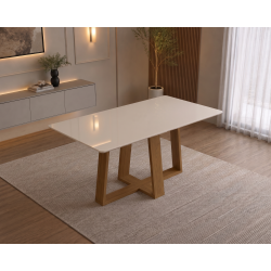 Mesa de Jantar Rubi 160x90cm Com Tampo de Vidro - Cinamomo/Off White