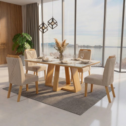 Mesa de Jantar Rubi 160x90cm Com Tampo de Vidro - Cinamomo/Off White + 4 Cadeiras Amsterdã Linho - Bege
