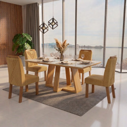 Mesa de Jantar Rubi 160x90cm Com Tampo de Vidro - Cinamomo/Off White + 4 Cadeiras Amsterdã Linho - Caramelo