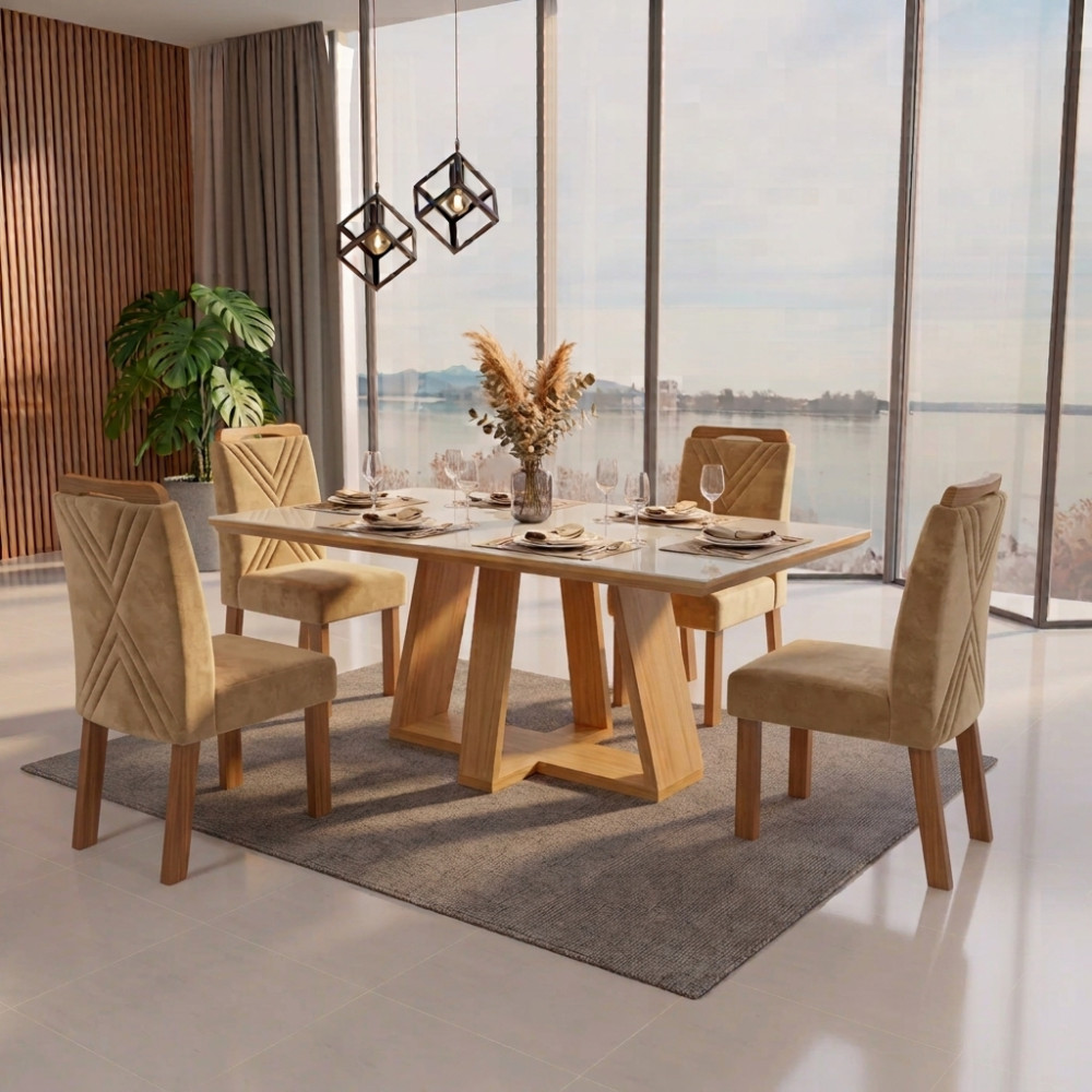 Mesa de Jantar Rubi 160x90cm Com Tampo de Vidro - Cinamomo/Off White + 4 Cadeiras Amsterdã Veludo - Bege