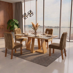 Mesa de Jantar Rubi 160x90cm Com Tampo de Vidro - Cinamomo/Off White + 4 Cadeiras Amsterdã Veludo - Capuccino