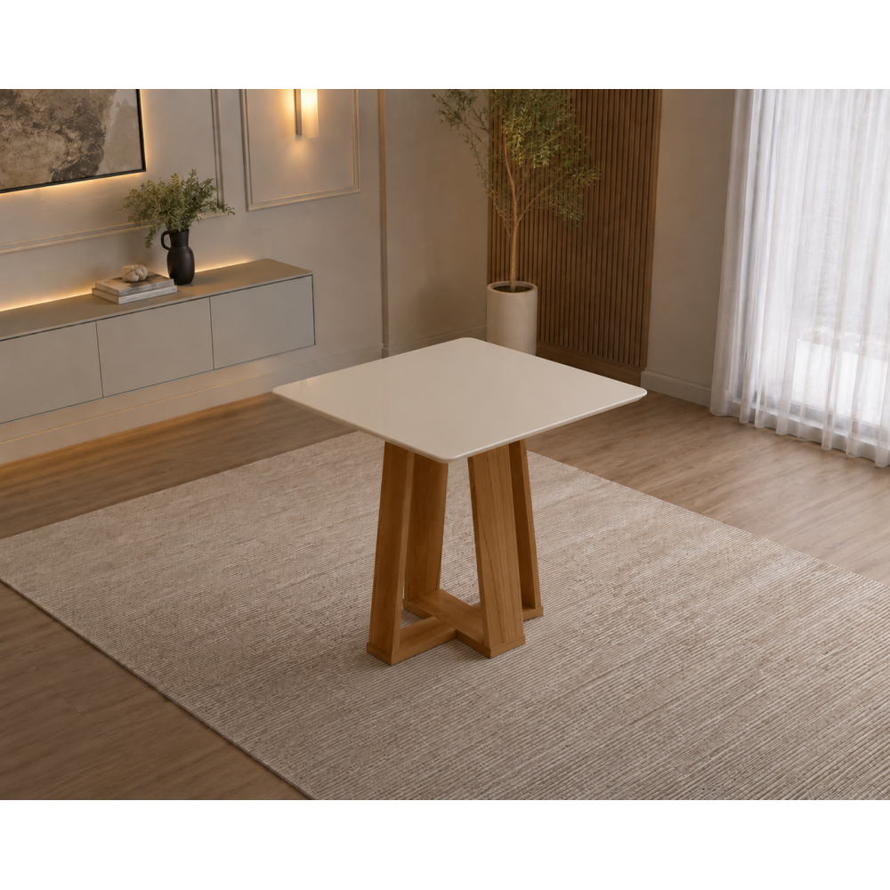 Mesa de Jantar Rubi 90x90cm Com Tampo de Vidro - Cinamomo/Off White