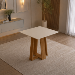 Mesa de Jantar Rubi 90x90cm Com Tampo de Vidro - Cinamomo/Off White