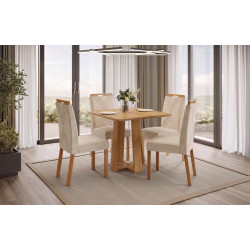 Mesa de Jantar Rubi 90x90cm S/ Vidro - Cinamomo + 4 Cadeiras Amsterdã Linho - Bege