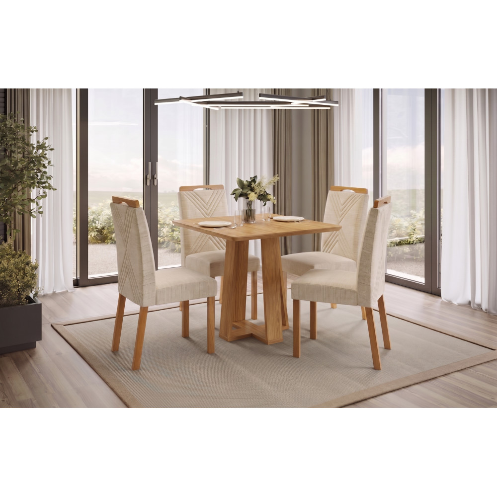 Mesa de Jantar Rubi 90x90cm S/ Vidro - Cinamomo + 4 Cadeiras Amsterdã Linho - Bege