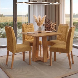 Mesa de Jantar Rubi 90x90cm S/ Vidro - Cinamomo + 4 Cadeiras Amsterdã Linho - Caramelo