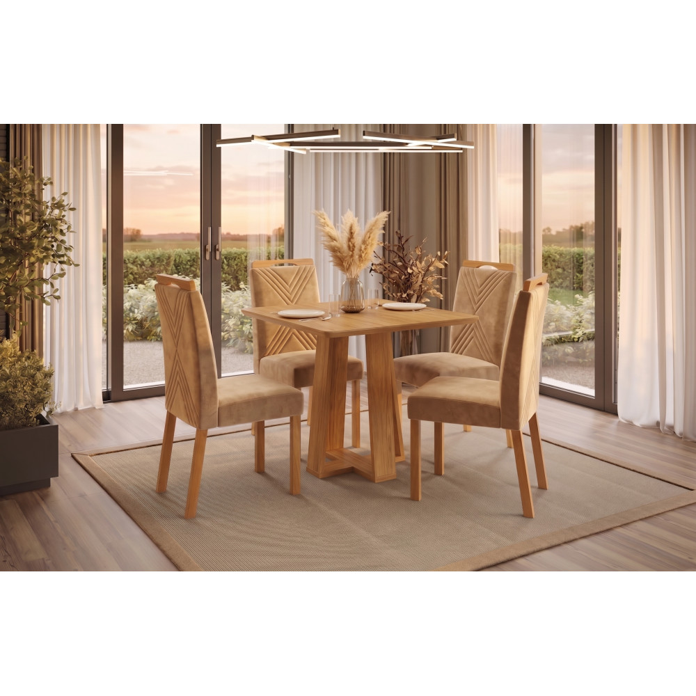 Mesa de Jantar Rubi 90x90cm S/ Vidro - Cinamomo + 4 Cadeiras Amsterdã Veludo - Bege