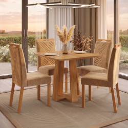 Mesa de Jantar Rubi 90x90cm S/ Vidro - Cinamomo + 4 Cadeiras Amsterdã Veludo - Bege
