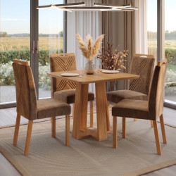 Mesa de Jantar Rubi 90x90cm S/ Vidro - Cinamomo + 4 Cadeiras Amsterdã Veludo - Capuccino