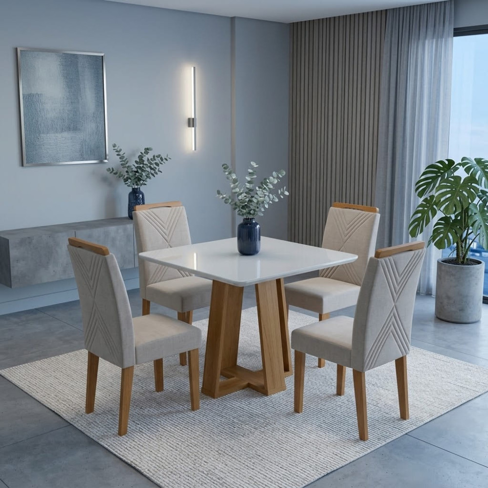 Mesa de Jantar Rubi 90x90cm Com Tampo de Vidro - Cinamomo/Off White + 4 Cadeiras Amsterdã Linho - Bege