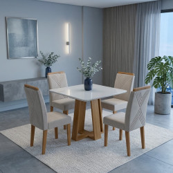 Mesa de Jantar Rubi 90x90cm Com Tampo de Vidro - Cinamomo/Off White + 4 Cadeiras Amsterdã Linho - Bege