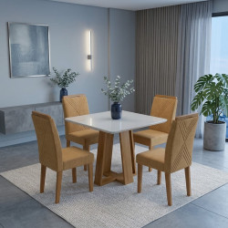 Mesa de Jantar Rubi 90x90cm Com Tampo de Vidro - Cinamomo/Off White + 4 Cadeiras Amsterdã Linho - Caramelo