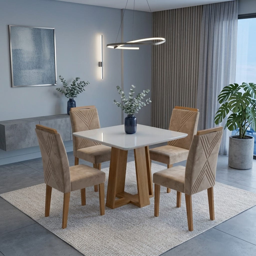 Mesa de Jantar Rubi 90x90cm Com Tampo de Vidro - Cinamomo/Off White + 4 Cadeiras Amsterdã Veludo - Bege