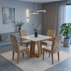 Mesa de Jantar Rubi 90x90cm Com Tampo de Vidro - Cinamomo/Off White + 4 Cadeiras Amsterdã Veludo - Bege