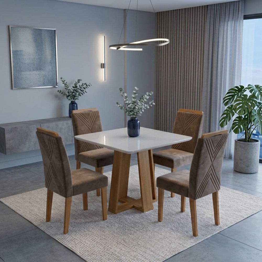 Mesa de Jantar Rubi 90x90cm Com Tampo de Vidro - Cinamomo/Off White + 4 Cadeiras Amsterdã Veludo - Capuccino