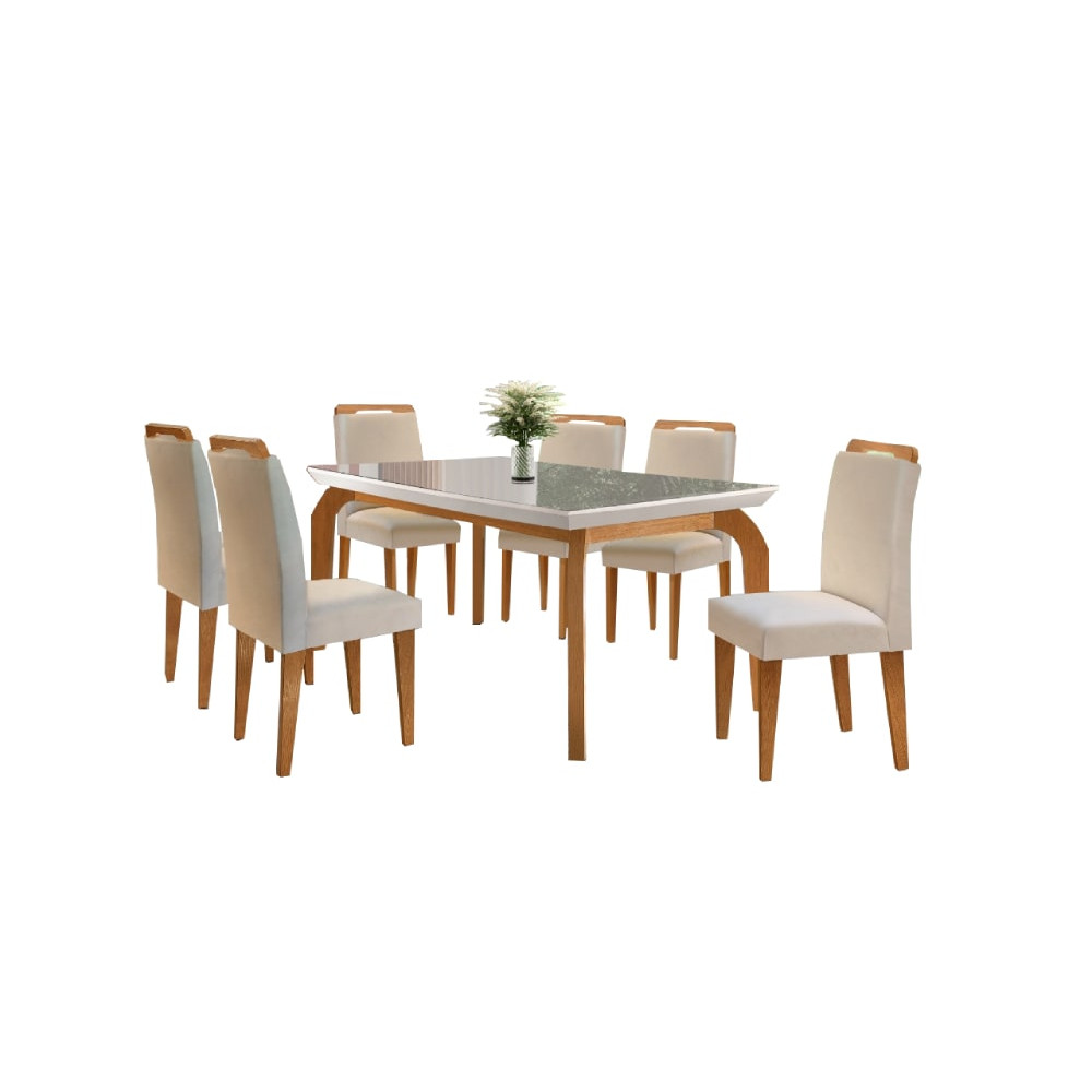 Mesa de Jantar Londrina 180cm c/ 6 Cadeiras Athenas Bege  – Vidro Off/white