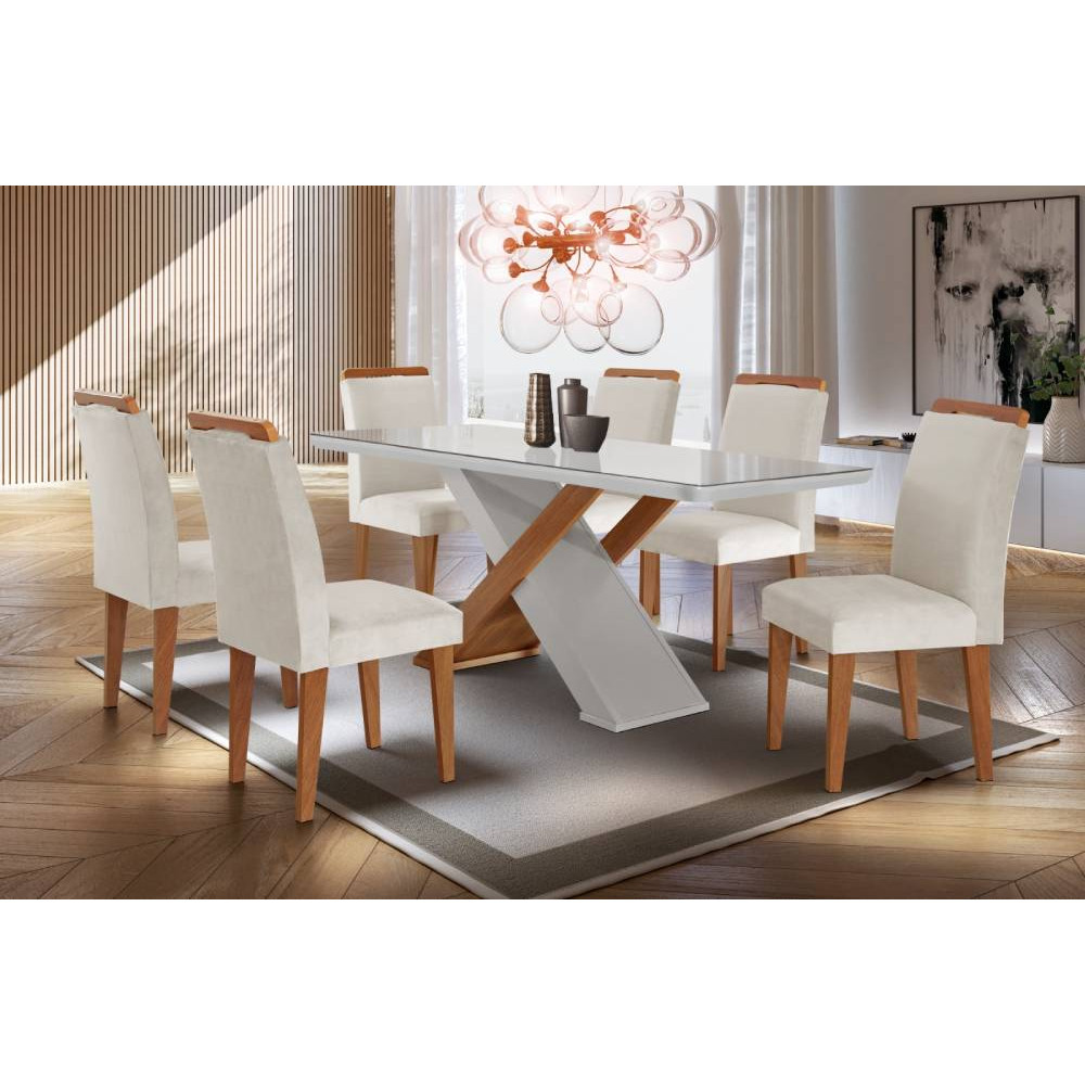 Mesa de Jantar Imperatriz – 6 Cadeiras Athenas  Bege Tampo Canto Copo Off White – Rufato – 180×90