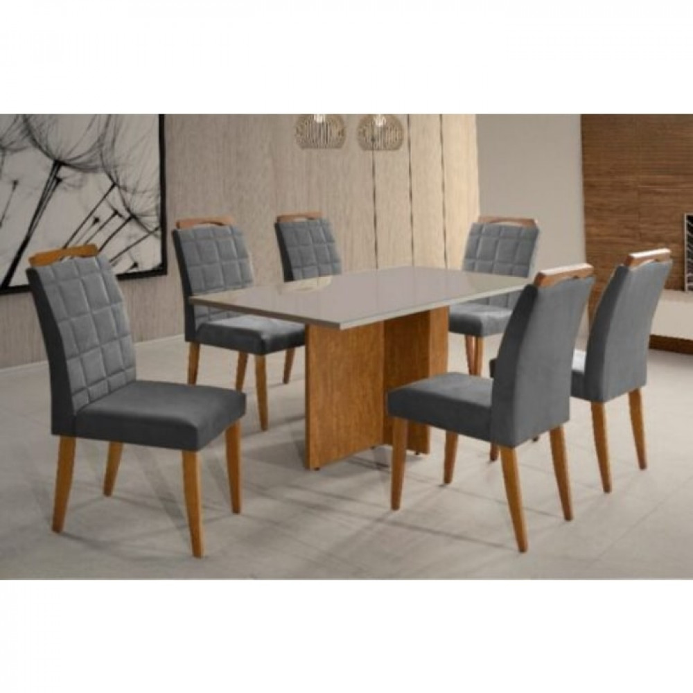 Conjunto Mesa Jantar com 06 Cadeiras Diamante RV Móveis  Cinamomo/Grafite/Preto