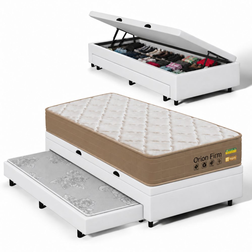 Colchão Orion Firm Solteiro 22Cmx1,88Mx88Cm + Base Baú C/Auxiliar Courino Solteiro - Branco