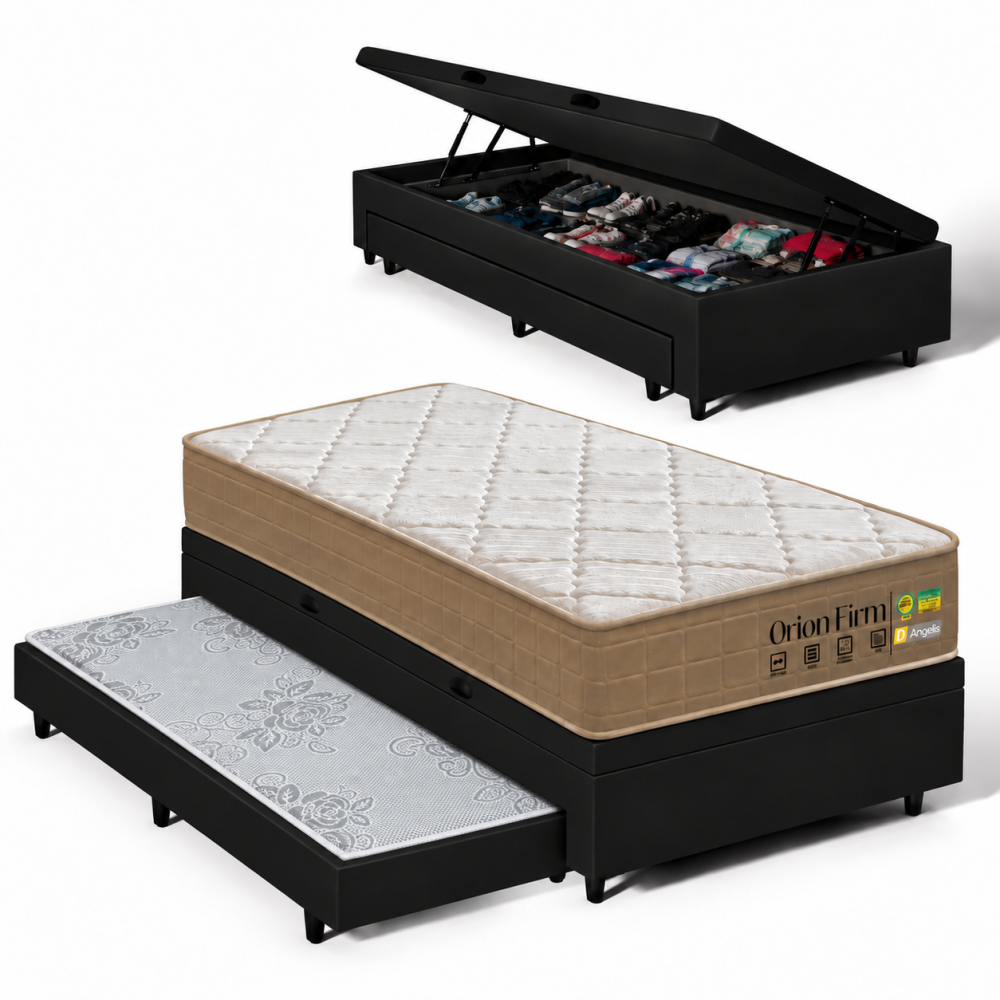 Colchão Orion Firm Solteiro 22Cmx1,88Mx88Cm + Base Baú C/Auxiliar Courino Solteiro - Preto