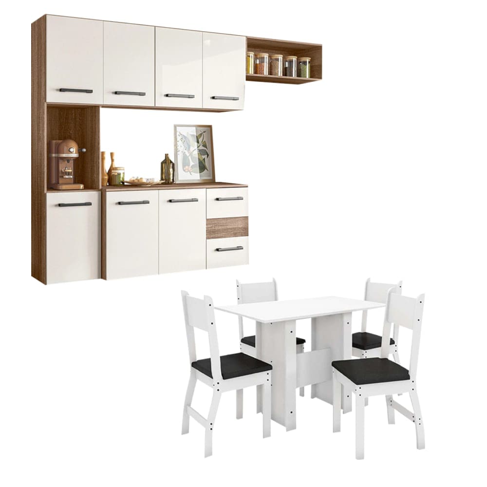Kit - Conjunto de Mesa Milano 4 Cadeiras 1,08m - Branco / Preto + Cozinha Compacta Juliete com 7 Portas 2 Gavetas - Nicioli - Carvalho Rústico/Off White