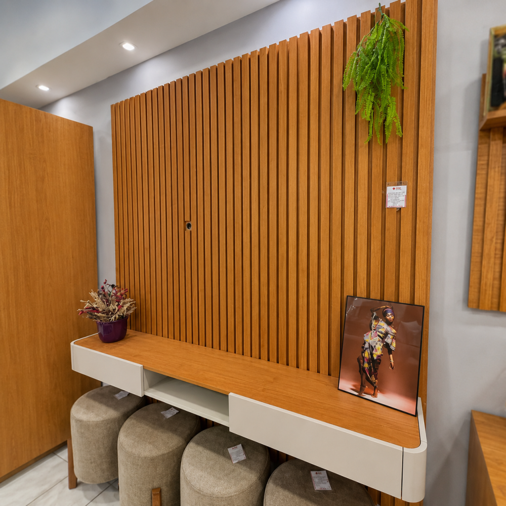 Painel Ripado Lyon com Nicho Arcus 186cm 2 Gavetas e Prateleira - Naturalle / Off White